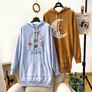 欧洲单!超大码女装!薄抓绒!街头休闲印花中长款连帽卫衣女春秋