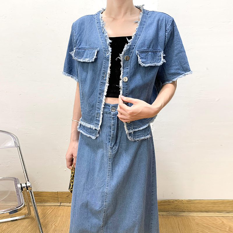 牛仔外套+半身裙两件套长裙套装