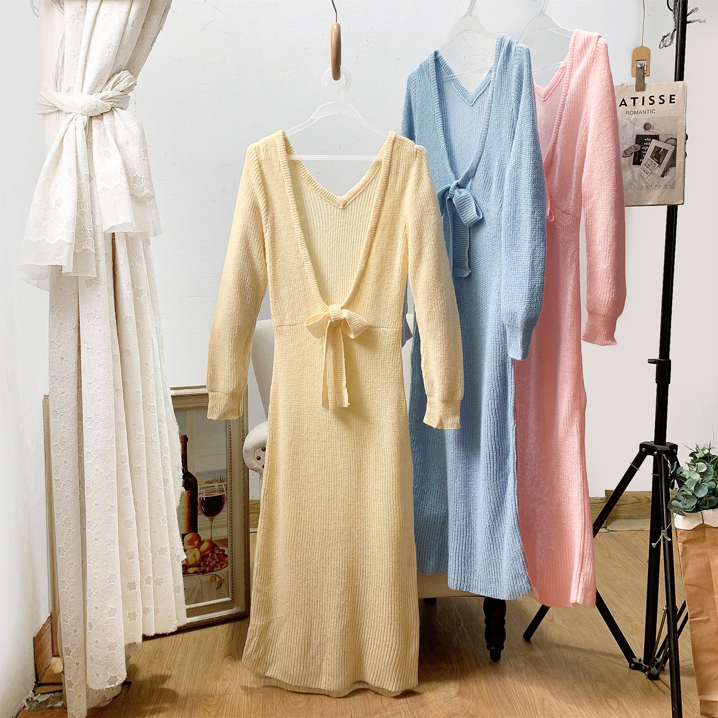 绑带露背针织连衣裙中长裙女