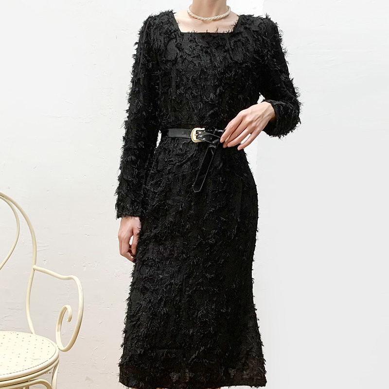 撤柜单~法式复古赫本气质名媛提花流苏设计感长袖连衣裙A字裙春秋