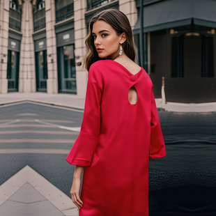 包邮 简约休闲宽松直筒裙 欧美单 春装 通勤OL连衣裙女 喇叭九分袖