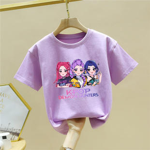 跨境kpopdemonhunters恶魔猎人鲁米米拉女团衣服儿童纯棉T恤夏装