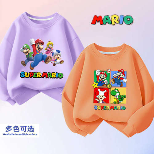 跨境新款长袖纯棉男女孩亲子卫衣SUPERMARIO银河大电影马里奥兄弟
