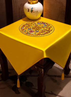 新中式金黄色正方形红木边柜盖布床头柜防尘盖巾茶几斗柜布艺桌布
