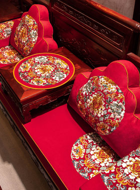 中式红色毛绒红木沙发垫冬季罗汉床专用垫五件套实木沙发垫海绵垫