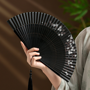 黑色扇子折扇中国风女古风汉服古典舞蹈扇夏季 樱花折叠扇 随身日式