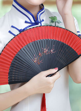 大红色扇子折扇中国风女式夏季古风古典可跳舞蹈工艺手绘喷绘扇子