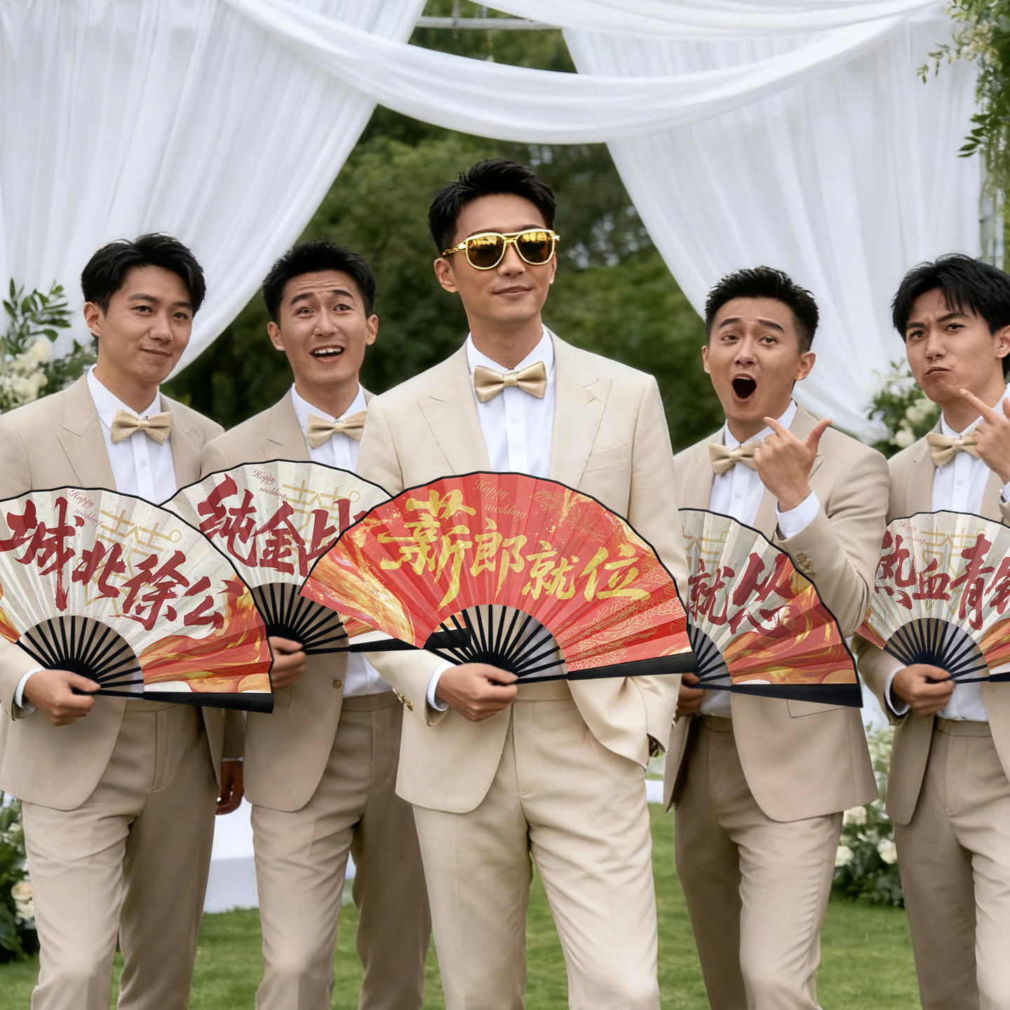 结婚新郎伴郎扇子兄弟团接亲折扇新中式婚礼扇子国潮迎亲拍照道具