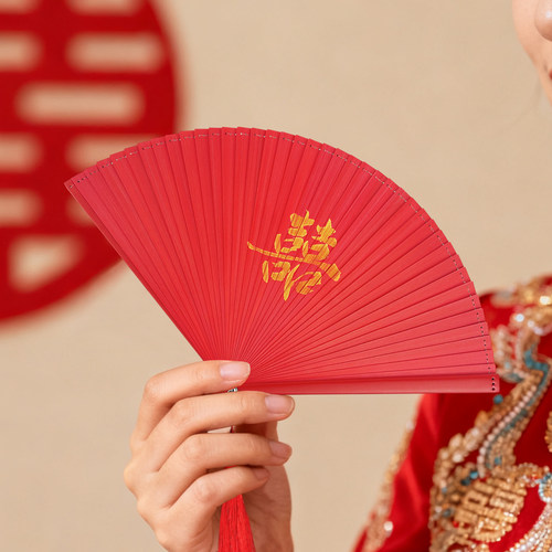 结婚新娘红色全竹小扇子