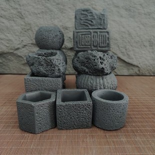 多肉花盆桌面小绿植陪伴花器黑色衬托植物复古特价仿火山石花盆