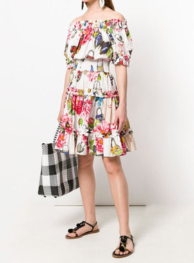 galeri chic原创量身定制浪漫度假一字领漏肩松紧带蛋糕裙连衣裙