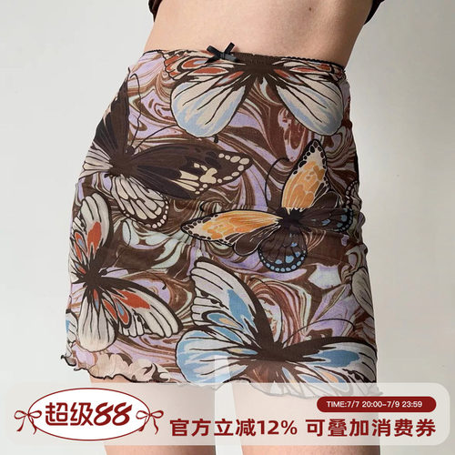 欧美风印花网纱半身裙短裙