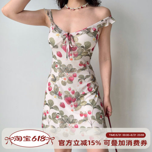Go Girl Go 自制美式复古荷叶边草莓印花吊带裙修身a字短裙女夏季
