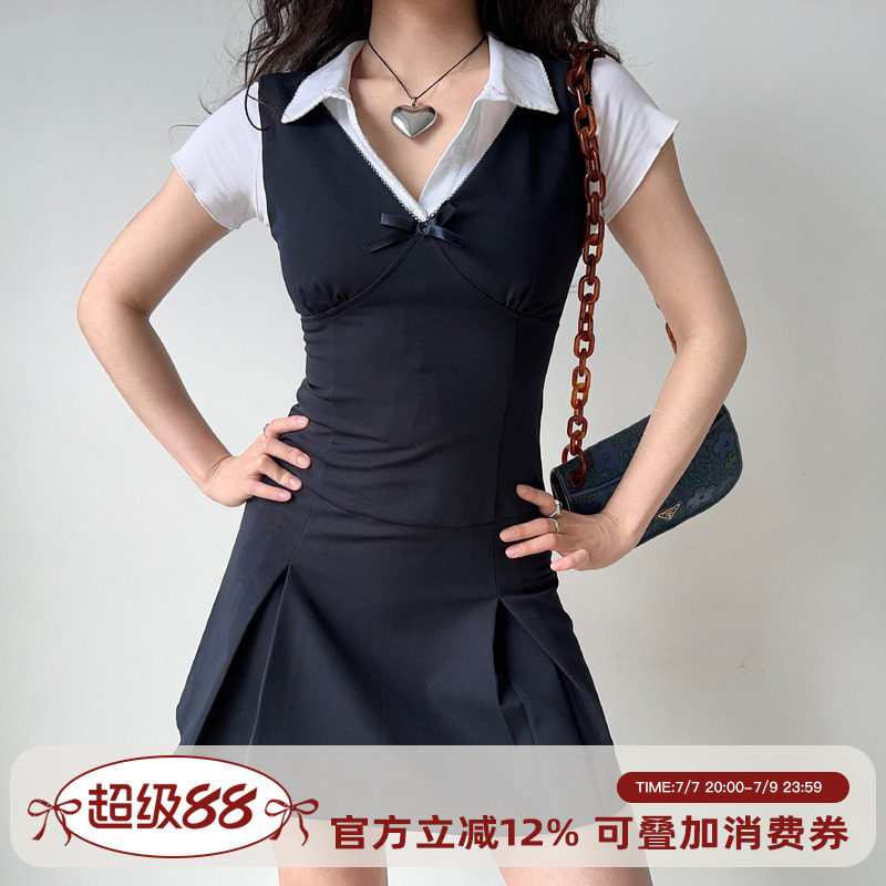 Go Girl Go自制欧美学院风深v领收腰背心裙女夏a字连衣裙压褶短裙