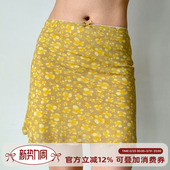 复古黄色蝴蝶印花短裙女夏季 自制美式 a字半身裙 Girl