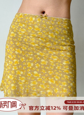 Go Girl Go 自制美式复古黄色蝴蝶印花短裙女夏季a字半身裙
