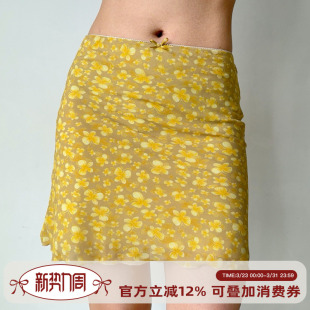 复古黄色蝴蝶印花短裙女夏季 自制美式 a字半身裙 Girl