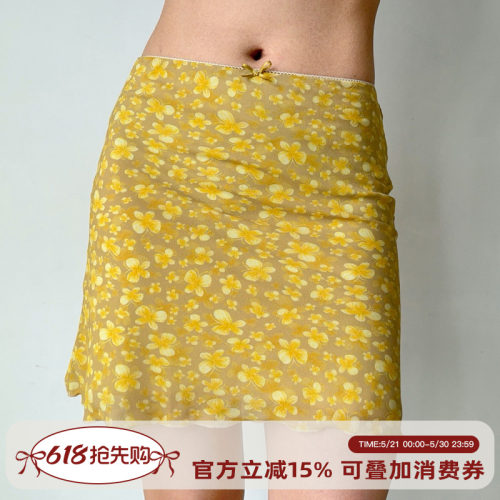 Go Girl Go 自制美式复古黄色蝴蝶印花短裙女夏季a字半身裙