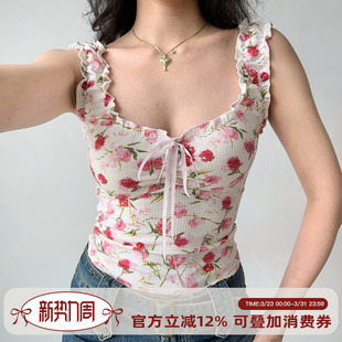 短款 背心修身 自制欧美风木耳边印花无袖 辣妹上衣女夏 Girl