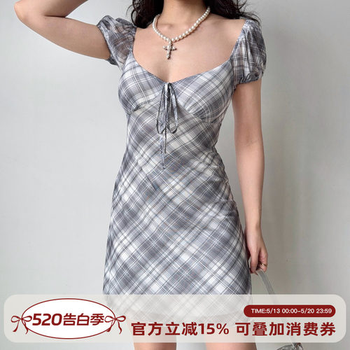 Go Girl Go 自制欧美风泡泡袖格纹连衣裙女夏季a字短裙