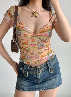 Go Girl Go自制欧美风油画花卉印花v领T恤女夏季花边网纱短袖上衣