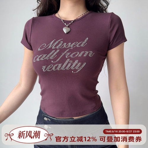 Go Girl Go 自制美式复古字母烫钻正肩短袖T恤女修身短款上衣夏季