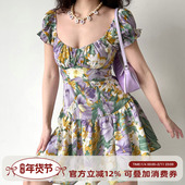 Girl Go自制法式 复古油画花朵泡泡袖 短袖 连衣裙女后背绑带短裙