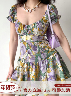Go Girl Go自制法式复古油画花朵泡泡袖短袖连衣裙女后背绑带短裙