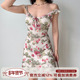 Girl 自制美式 复古荷叶边草莓印花吊带裙修身 a字短裙女夏季