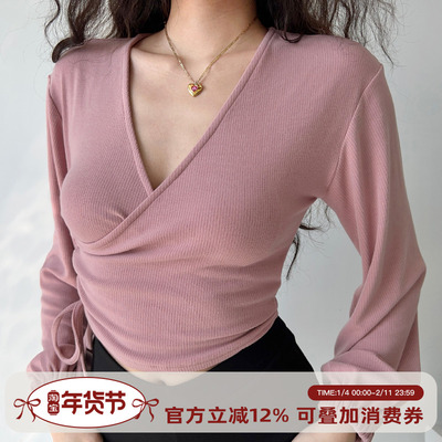 欧美风交叉V领绑带款灯笼袖T恤女