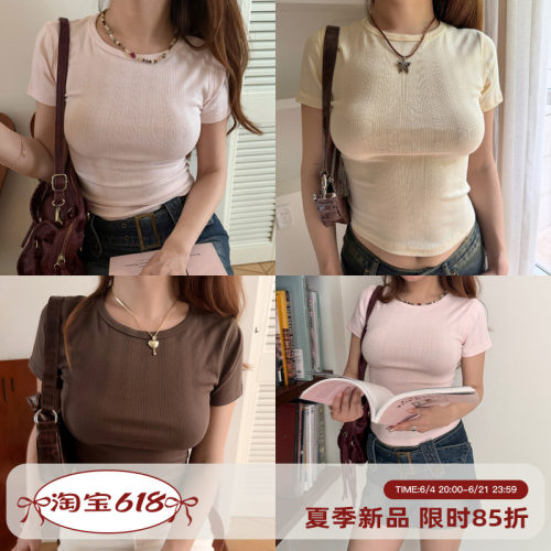 Go Girl Go 简约欧美风圆领正肩短袖T恤女夏季修身显瘦短款上衣