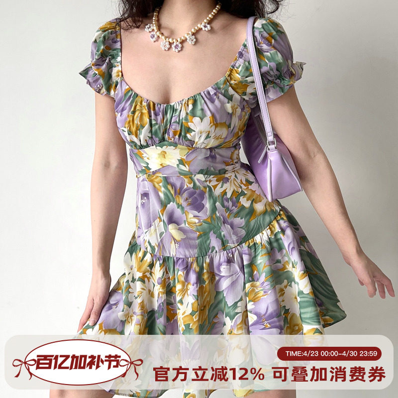 Go Girl Go自制法式复古油画花朵泡泡袖短袖连衣裙女后背绑带短裙