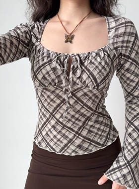 Go Girl Go 自制法式复古喇叭袖系带格纹T恤女修身显瘦辣妹上衣