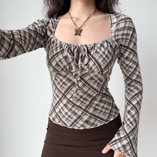 系带格纹T恤女修身 复古喇叭袖 自制法式 显瘦辣妹上衣 Girl