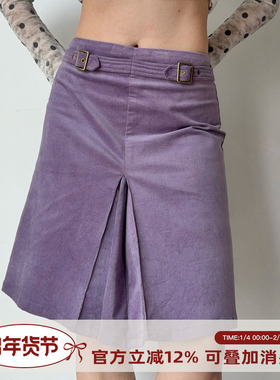 Go Girl Go 自制欧美风秋冬灯芯绒半身裙褶皱A字裙女秋冬紫色裙子