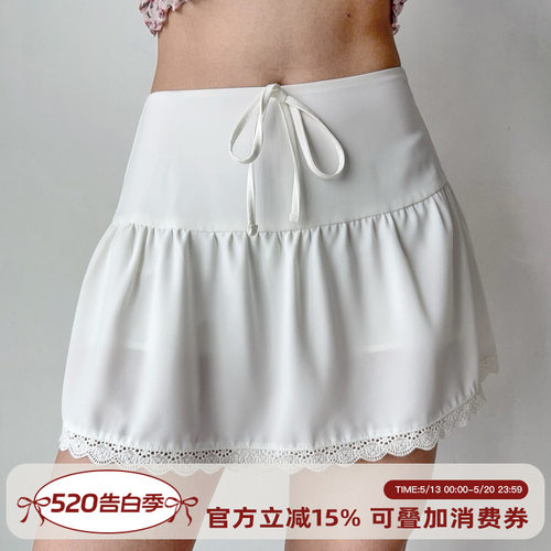 Go Girl Go 自制镂空花边系带A字短裙白色半身裙女夏季防走光