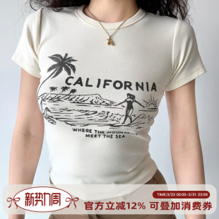 短款 棉T恤女修身 自制欧美风夏日冲浪印花圆领短袖 上衣 Girl