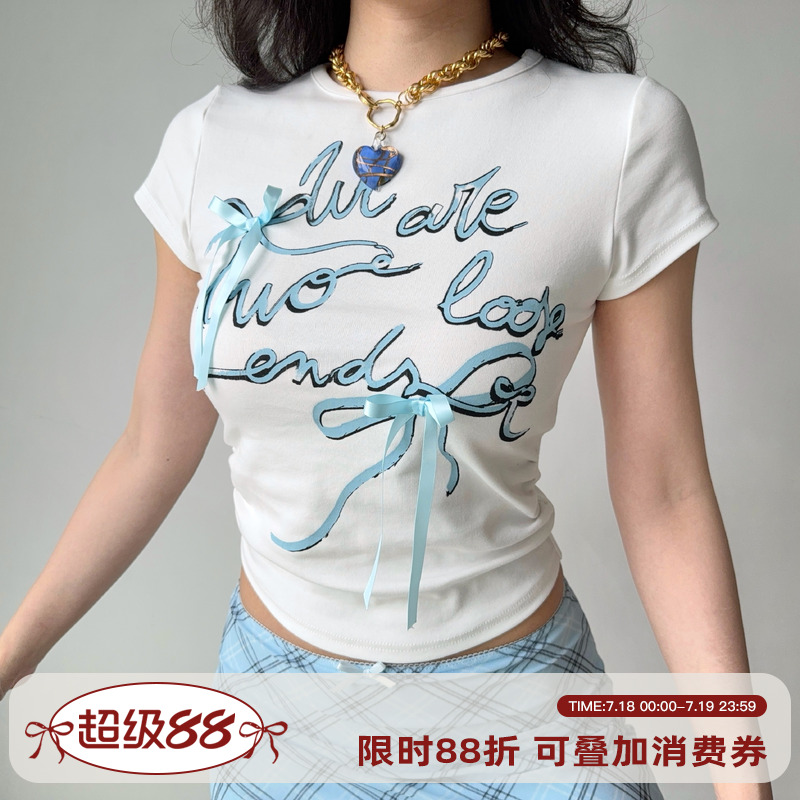 Go Girl Go 自制欧美风蝴蝶结白色正肩短袖T恤女夏季收腰修身上衣