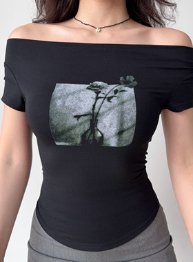 Go Girl Go 自制欧美风性感一字肩印花黑色短袖T恤女夏季修身上衣