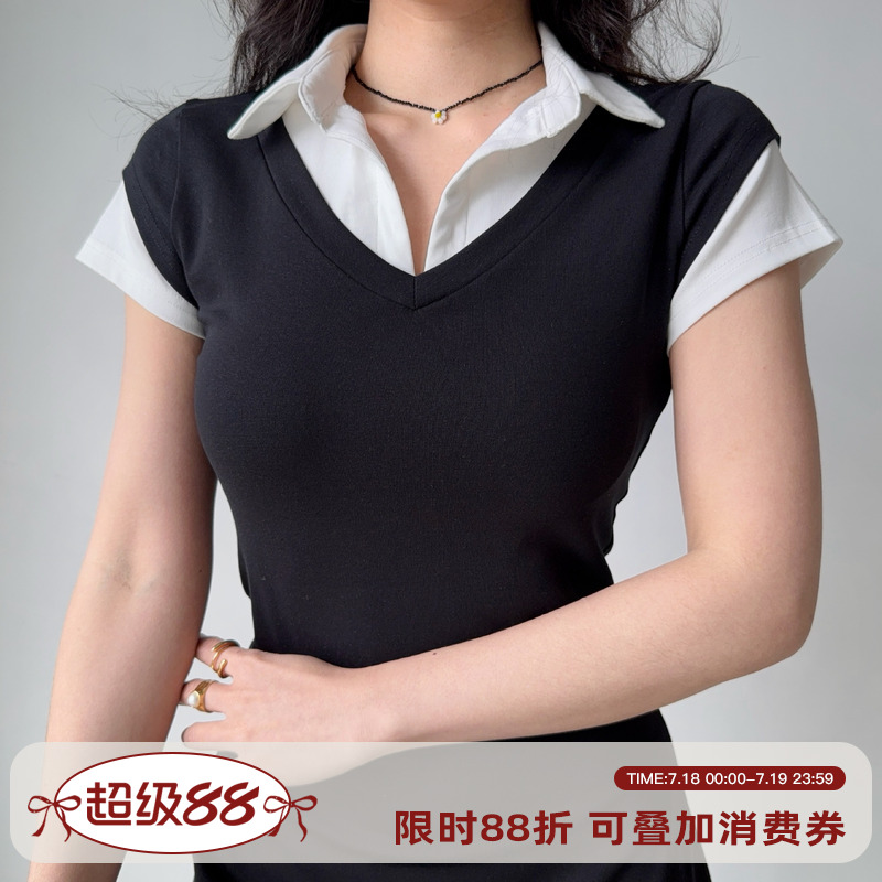 Go Girl Go 自制美式复古设计感假两件翻领短袖T恤女修身短款上衣