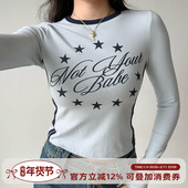 短款 上衣 复古字母印花圆领正肩长袖 T恤女修身 Girl 自制美式