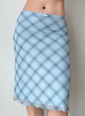 Go Girl Go 自制欧美风蓝色格子网纱半身裙女夏季松紧腰包臀裙子