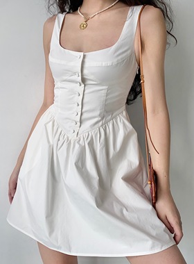 Go Girl Go 自制复古宫廷风白色花苞口袋系扣方领无袖a字连衣裙女