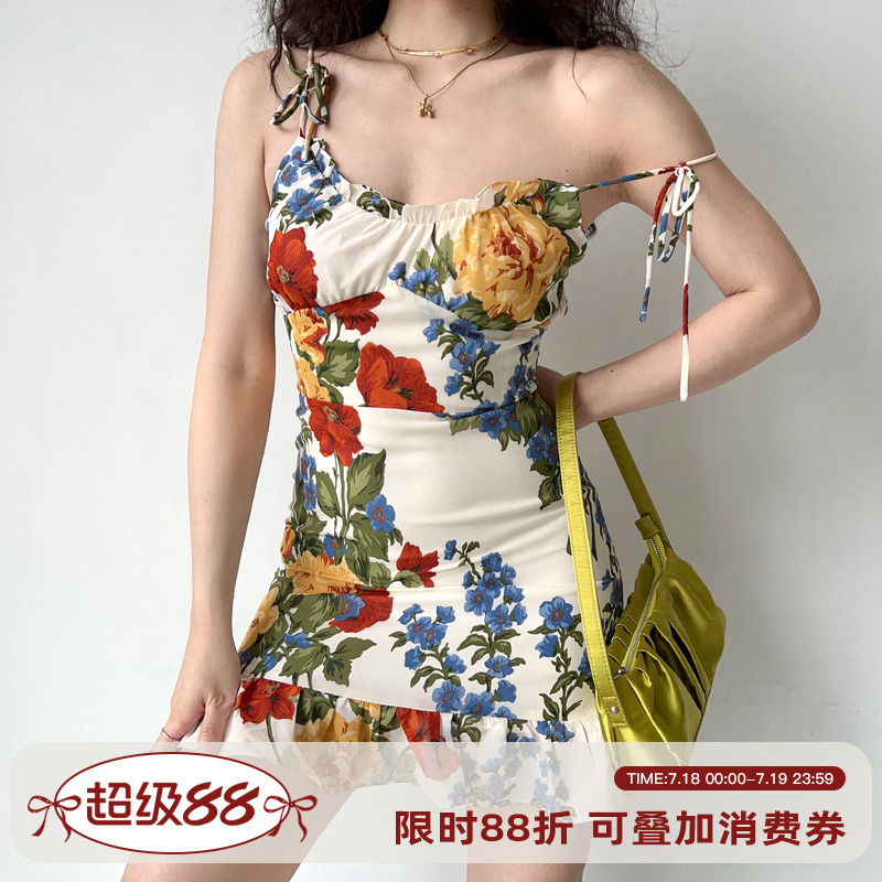 油画印花荷叶边吊带裙女