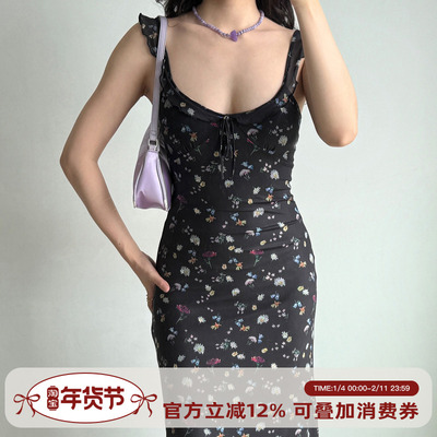 Go Girl Go 自制美式复古性感低胸碎花黑色连衣裙长裙女夏度假裙