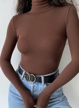 Go Girl Go高领螺纹长袖打底衫T恤性感显瘦暗扣连体衣女修身上衣