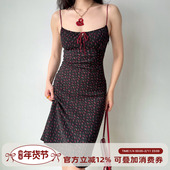 复古碎花撞色吊带裙中长款 Girl 自制法式