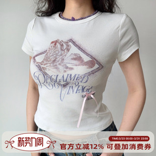 T恤女夏正肩修身 自制欧美风印花白色圆领短袖 上衣 Girl