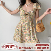 自制田园风可爱碎花胸前绑带飞飞袖 Girl 连衣裙女夏A字短裙