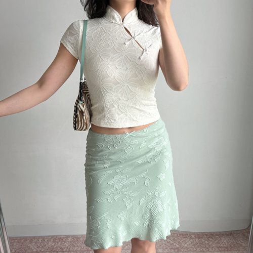 Go Girl Go 自制新中式薄荷绿提花半身裙女修身显瘦中裙鱼尾裙